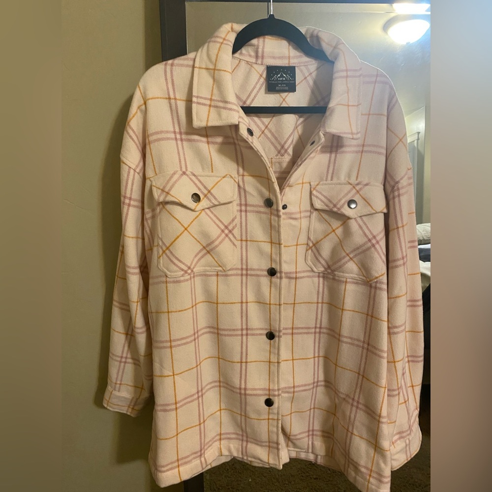 Light, pink, tan, thick flannel, button up, super soft